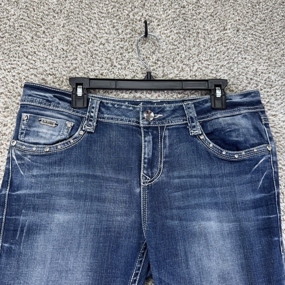 La Idol Jeans Women's Size 13 35x34 Rhinestones Back Pocket Flaps Bootcut Denim - Picture 7 of 16